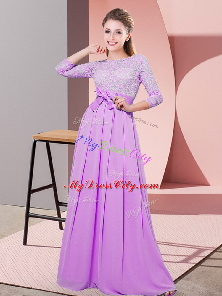 Fashion Empire Bridesmaid Dresses Lilac Scoop Chiffon 3 4 Length Sleeve Floor Length Side Zipper