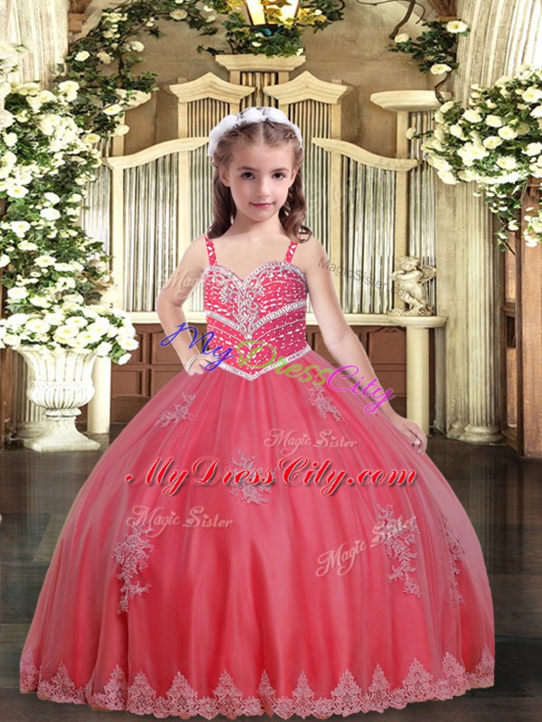 Watermelon Red Straps Lace Up Beading and Appliques Evening Gowns Sleeveless