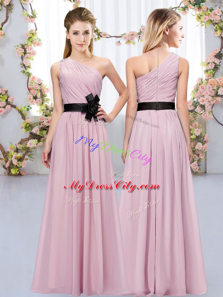 Pink Bridesmaids Dress Wedding Party with Belt One Shoulder Sleeveless Zipper