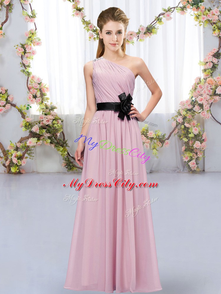 Pink Bridesmaids Dress Wedding Party with Belt One Shoulder Sleeveless Zipper