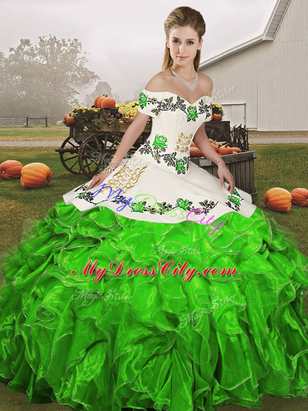 Simple Off The Shoulder Sleeveless Organza 15th Birthday Dress Embroidery and Ruffles Lace Up