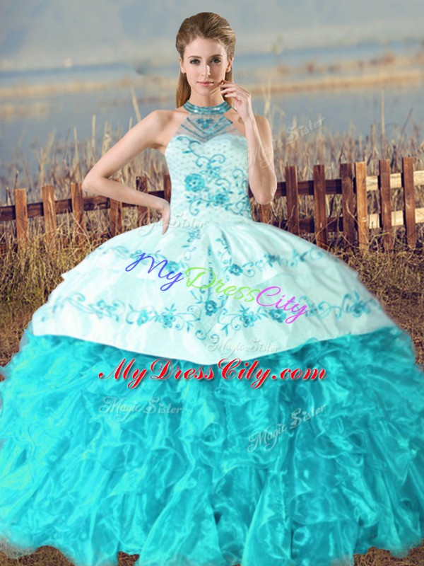 Aqua Blue Quince Ball Gowns Organza Court Train Sleeveless Embroidery and Ruffles