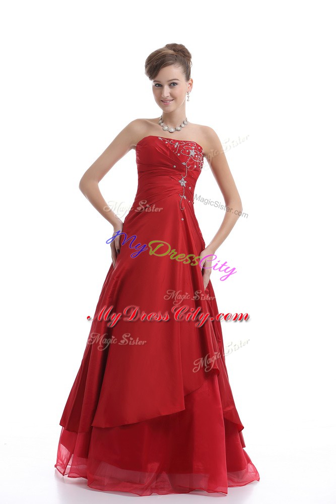 Graceful Strapless Sleeveless Junior Homecoming Dress Floor Length Embroidery Red Organza