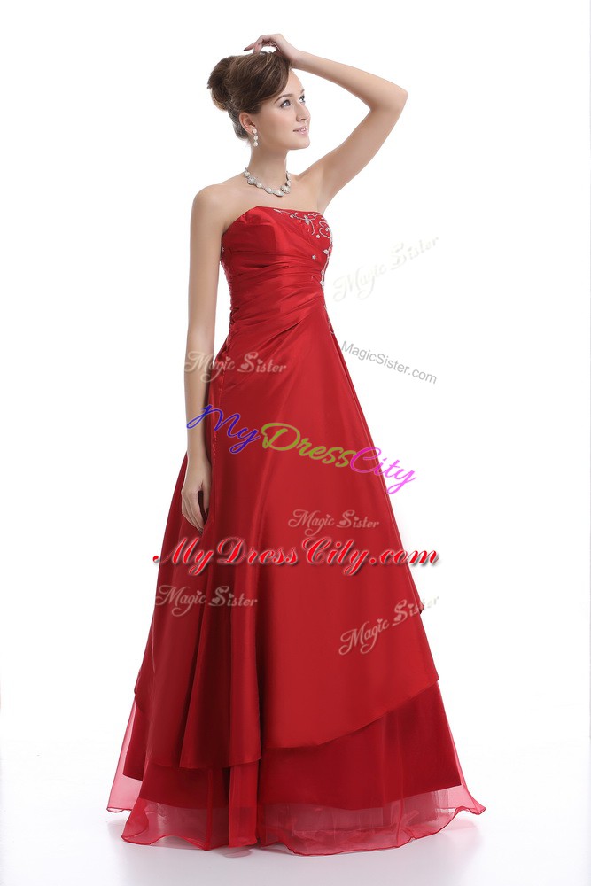 Graceful Strapless Sleeveless Junior Homecoming Dress Floor Length Embroidery Red Organza