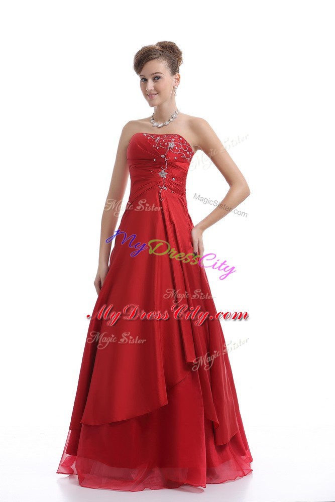 Graceful Strapless Sleeveless Junior Homecoming Dress Floor Length Embroidery Red Organza