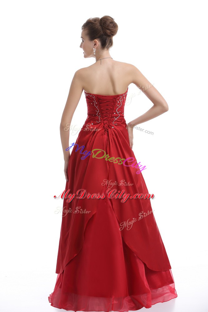 Graceful Strapless Sleeveless Junior Homecoming Dress Floor Length Embroidery Red Organza