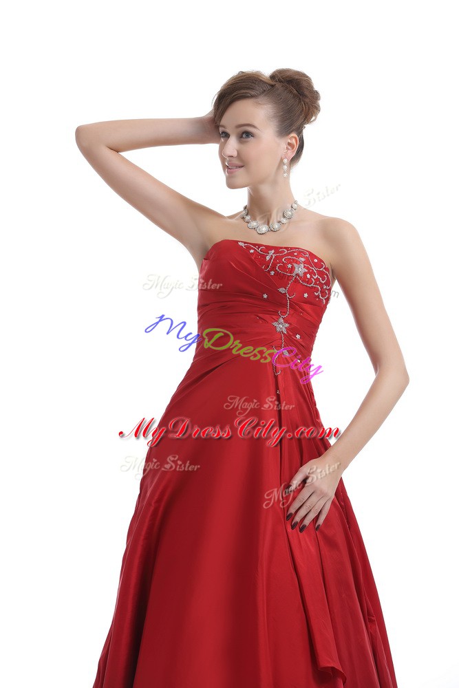 Graceful Strapless Sleeveless Junior Homecoming Dress Floor Length Embroidery Red Organza