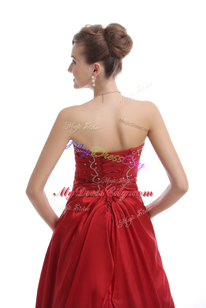 Graceful Strapless Sleeveless Junior Homecoming Dress Floor Length Embroidery Red Organza