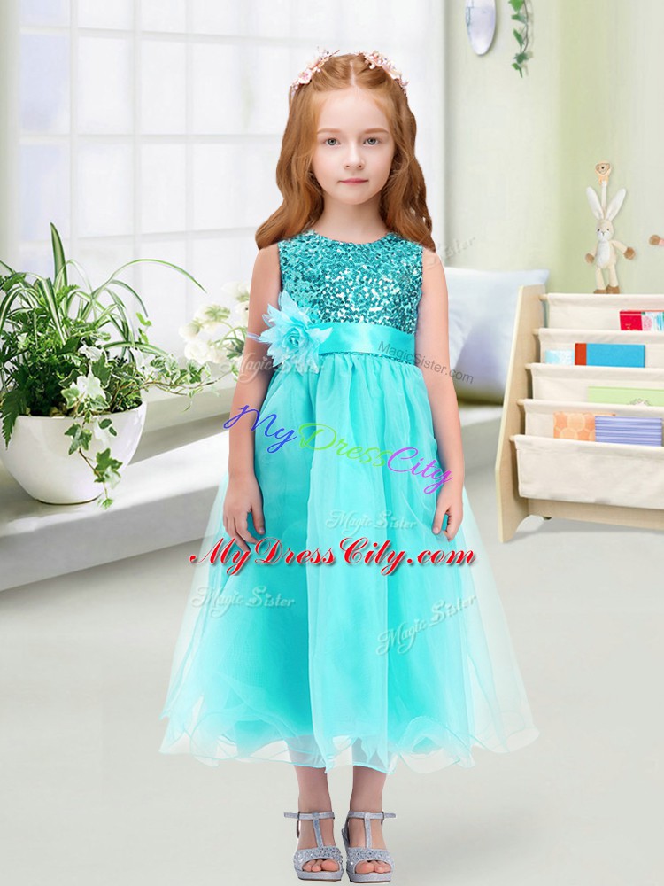 Spectacular Aqua Blue Sleeveless Organza Zipper Toddler Flower Girl Dress for Wedding Party