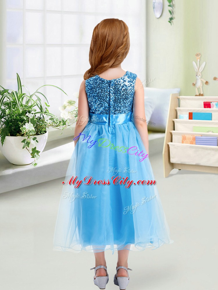 Spectacular Aqua Blue Sleeveless Organza Zipper Toddler Flower Girl Dress for Wedding Party