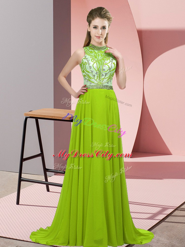 Empire Sleeveless Yellow Green Prom Party Dress Brush Train Backless