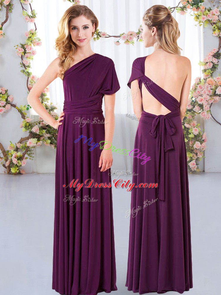 Sleeveless Floor Length Ruching Criss Cross Bridesmaid Dresses with Dark Purple