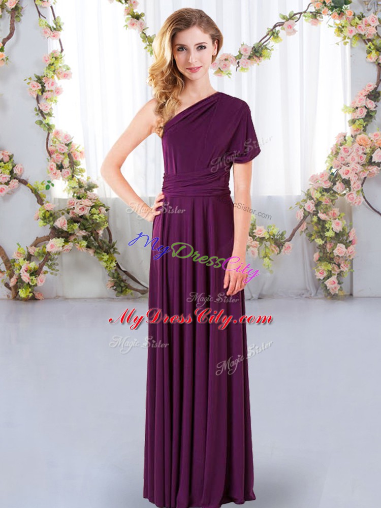 Sleeveless Floor Length Ruching Criss Cross Bridesmaid Dresses with Dark Purple