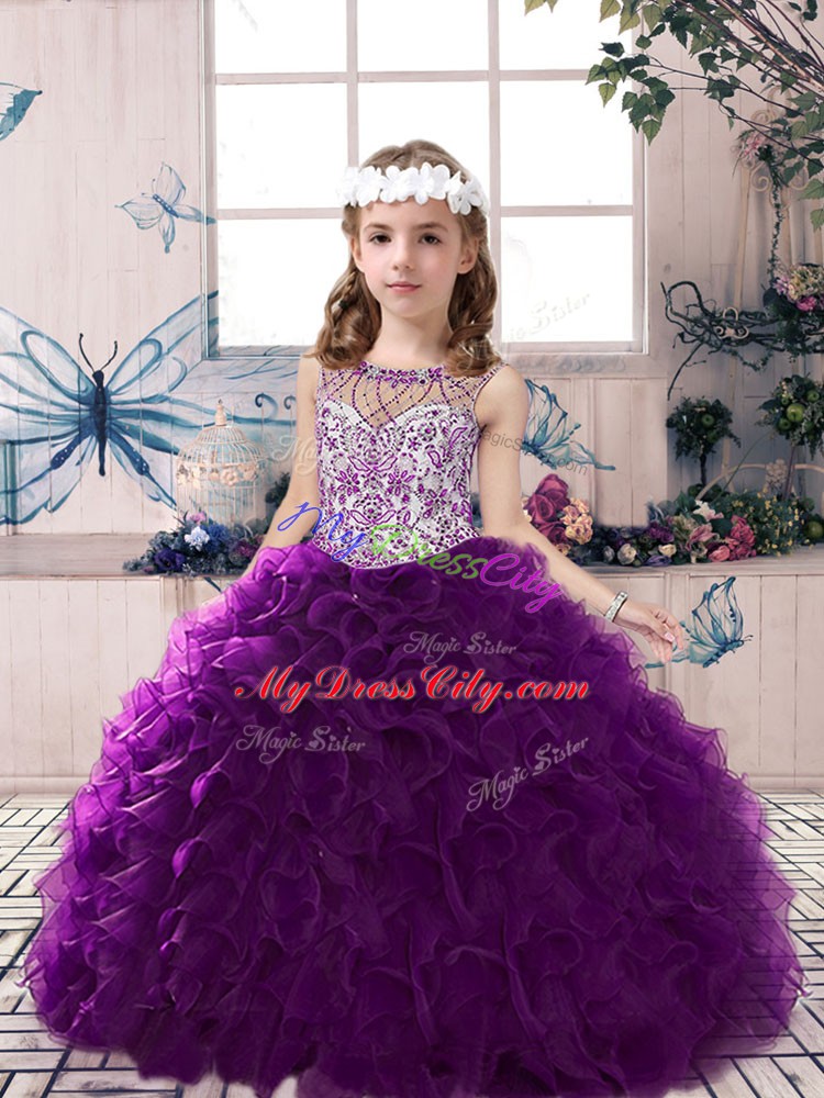 Enchanting Scoop Sleeveless Custom Made Pageant Dress Floor Length Beading and Ruffles Purple Organza