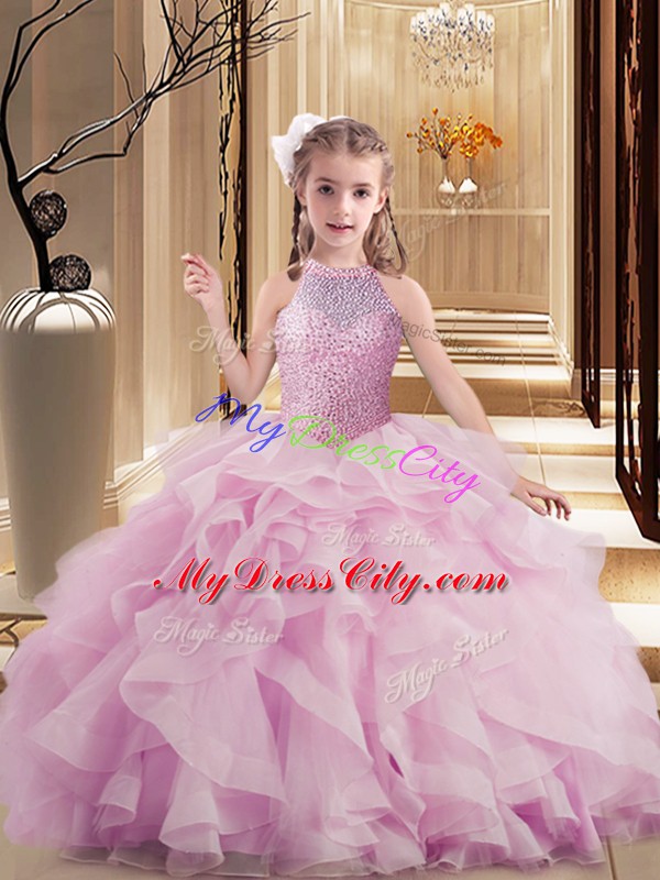 Pretty Tulle High-neck Sleeveless Lace Up Beading and Ruffles Kids Formal Wear in Lilac