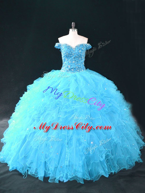 Customized Floor Length Lace Up Quinceanera Gowns Aqua Blue for Sweet 16 and Quinceanera with Beading and Ruffles