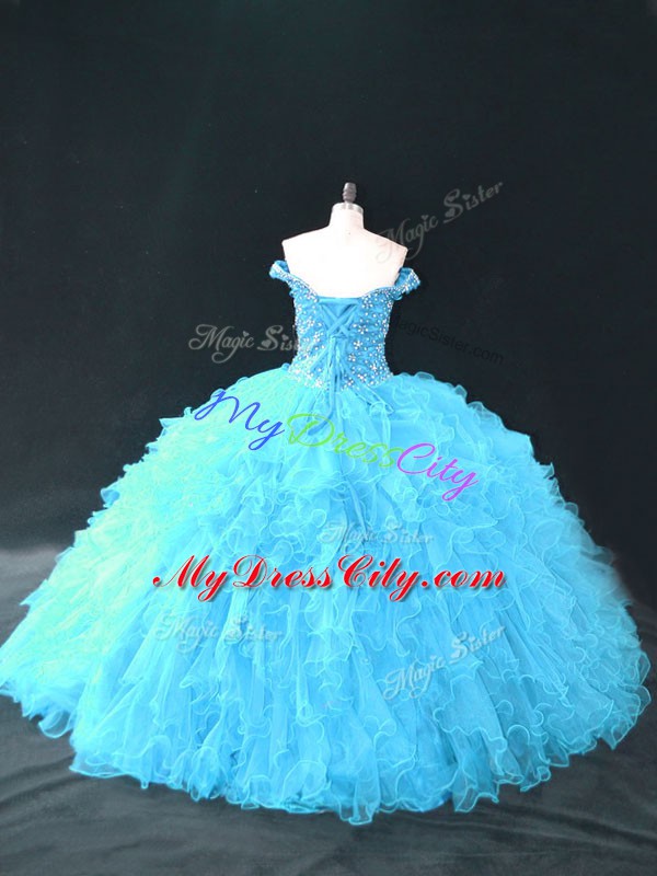 Customized Floor Length Lace Up Quinceanera Gowns Aqua Blue for Sweet 16 and Quinceanera with Beading and Ruffles