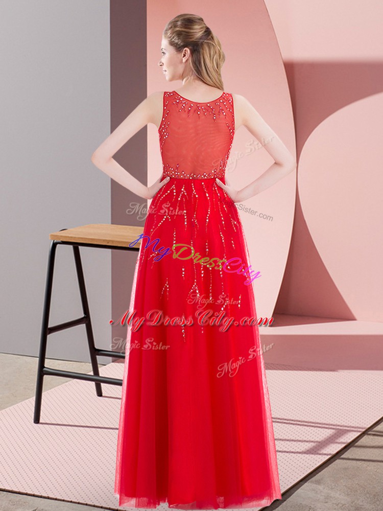 Extravagant Coral Red Dress for Prom Prom and Party with Beading Scoop Sleeveless Side Zipper