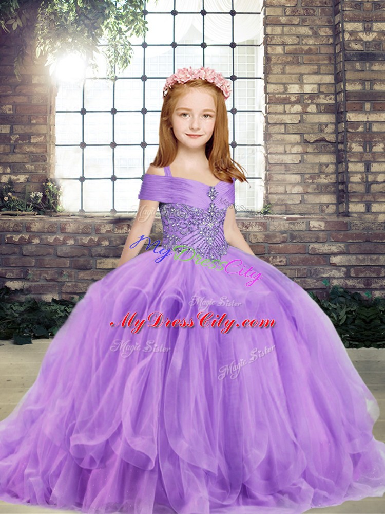 Lavender Ball Gowns Beading Pageant Dresses Lace Up Tulle Sleeveless Floor Length