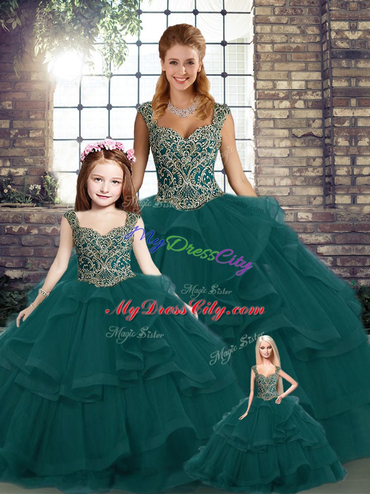 Deluxe Floor Length Ball Gowns Sleeveless Peacock Green Quince Ball Gowns Lace Up