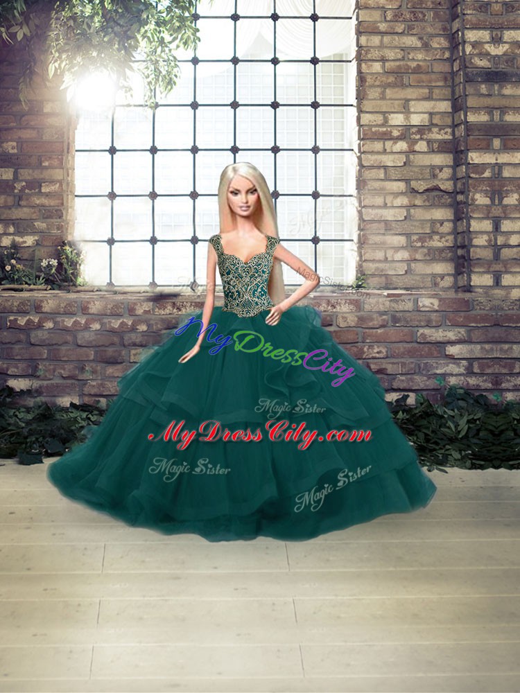 Deluxe Floor Length Ball Gowns Sleeveless Peacock Green Quince Ball Gowns Lace Up