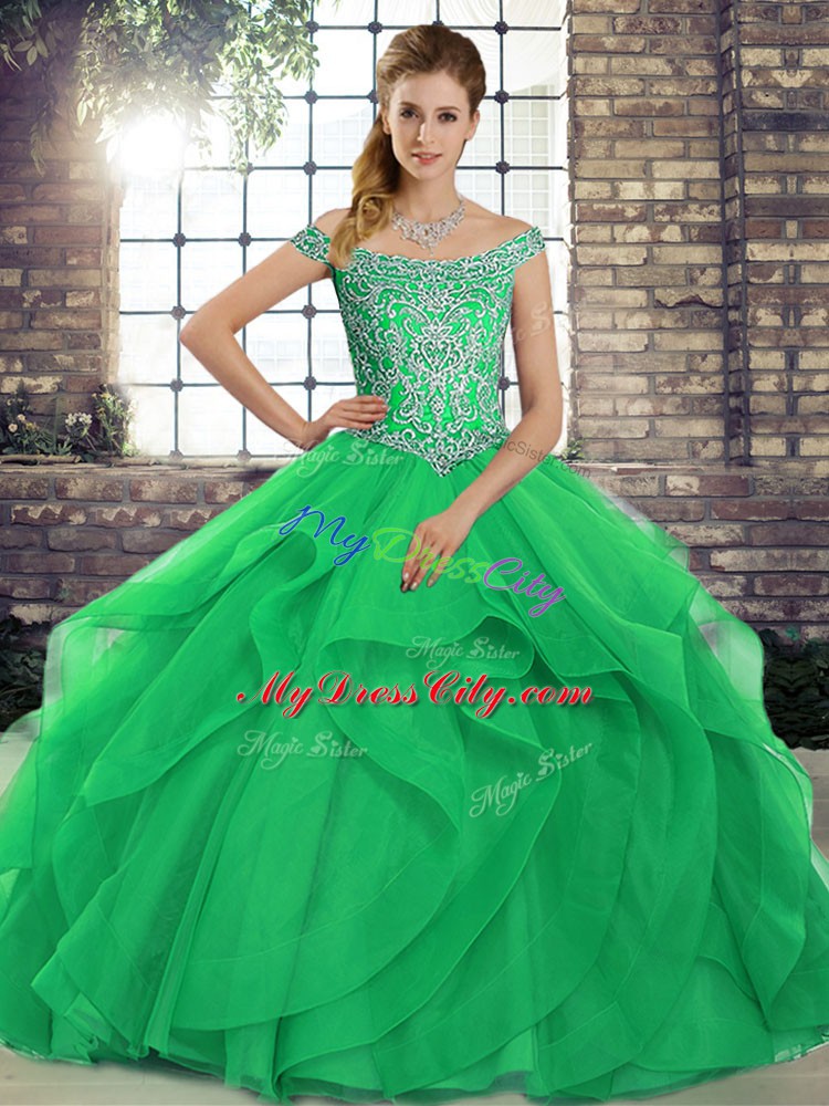 Glamorous Tulle Off The Shoulder Sleeveless Brush Train Lace Up Beading and Ruffles 15th Birthday Dress in Green