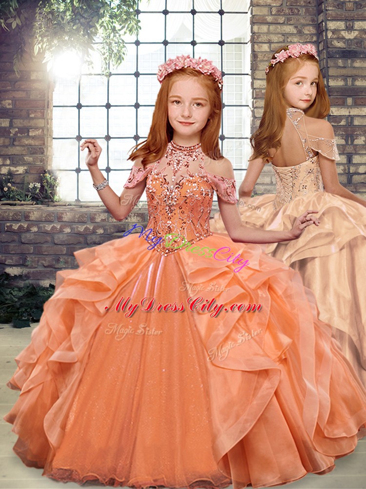 Floor Length Orange Little Girl Pageant Dress Organza Sleeveless Beading and Ruffles