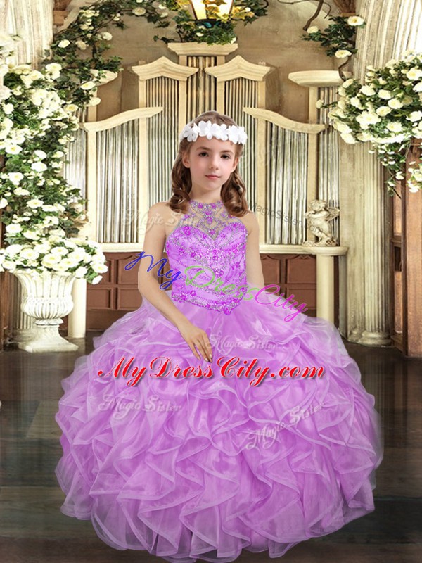 Cheap Floor Length Lilac Little Girl Pageant Gowns Halter Top Sleeveless Lace Up