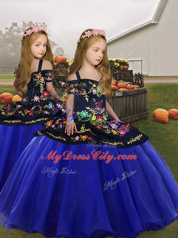 Royal Blue Ball Gowns Organza Spaghetti Straps Sleeveless Embroidery and Ruffles Floor Length Lace Up Pageant Dress for Teens