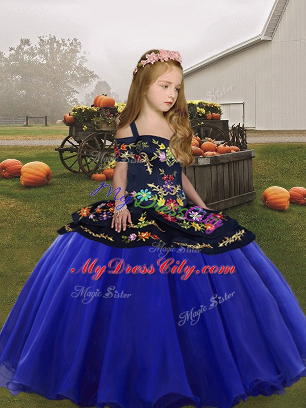 Royal Blue Ball Gowns Organza Spaghetti Straps Sleeveless Embroidery and Ruffles Floor Length Lace Up Pageant Dress for Teens