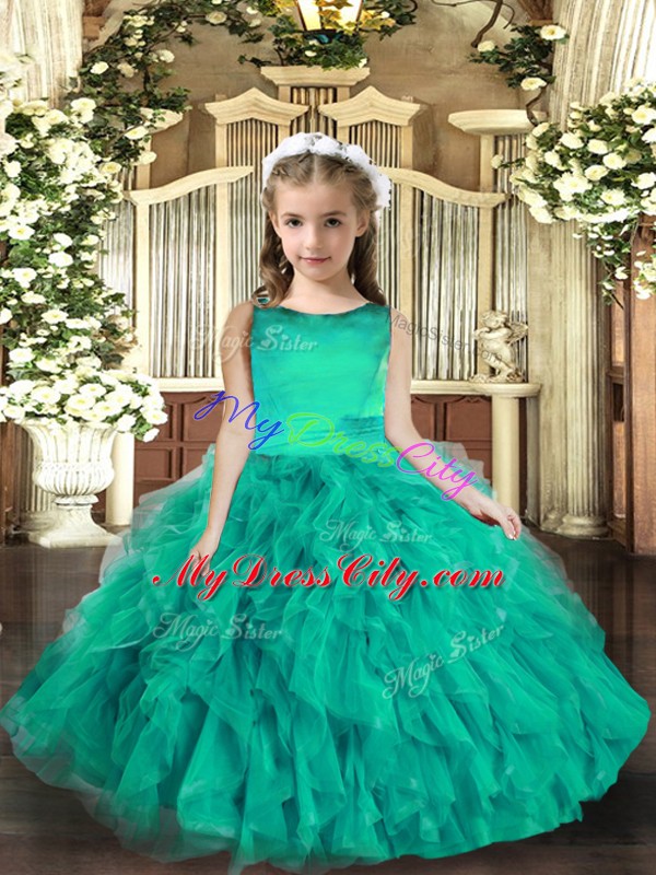 Cute Turquoise Sleeveless Ruffles Floor Length Pageant Dress for Girls