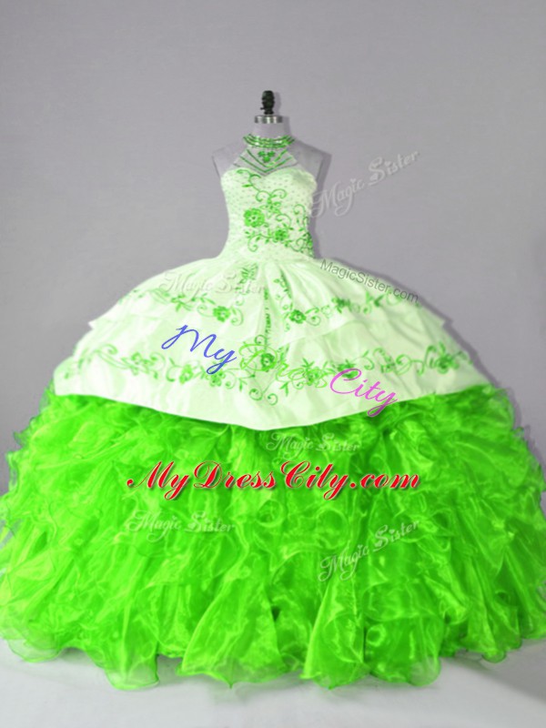 Ball Gowns Embroidery and Ruffles 15th Birthday Dress Lace Up Organza Sleeveless