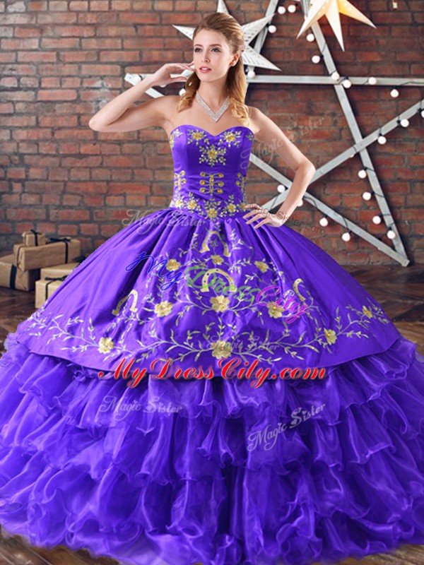 Embroidery and Ruffled Layers Quinceanera Gown Purple Lace Up Sleeveless Floor Length