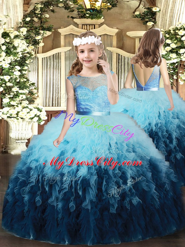 Adorable Multi-color Ball Gowns Lace and Ruffles 15 Quinceanera Dress Backless Tulle Sleeveless Floor Length