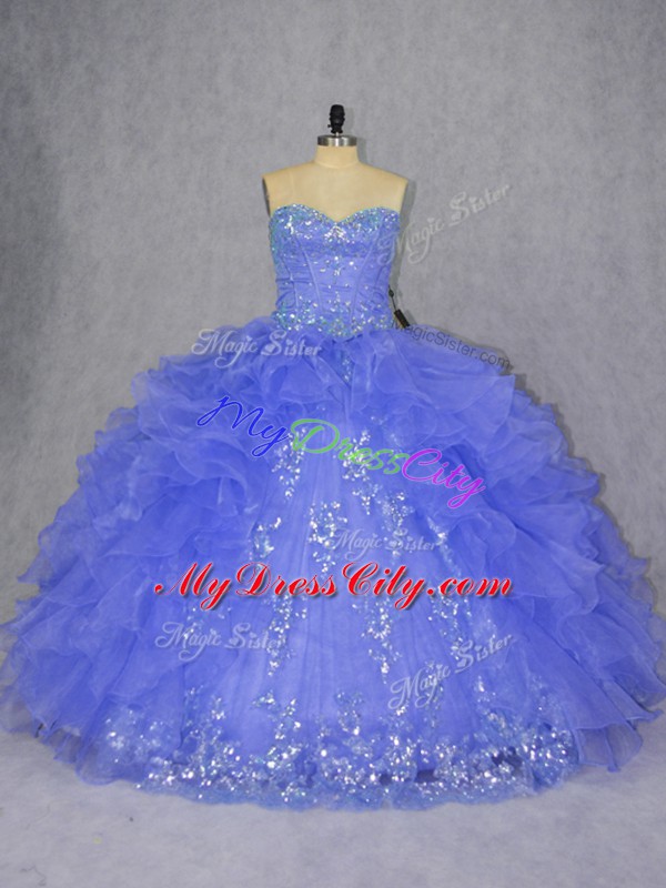 Flirting Purple Sleeveless Floor Length Appliques and Ruffles Lace Up Quince Ball Gowns