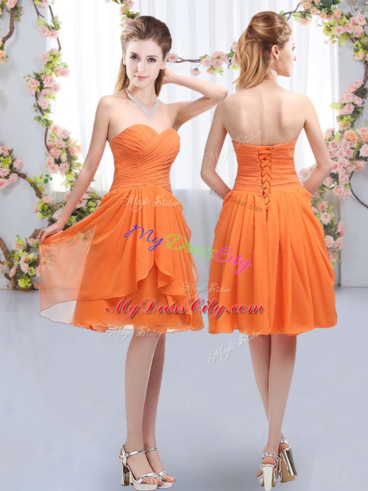 Beautiful Orange Chiffon Lace Up Wedding Guest Dresses Sleeveless Knee Length Ruffles and Ruching