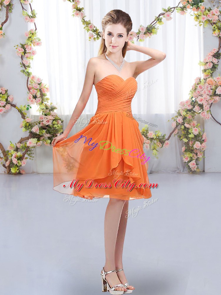 Beautiful Orange Chiffon Lace Up Wedding Guest Dresses Sleeveless Knee Length Ruffles and Ruching