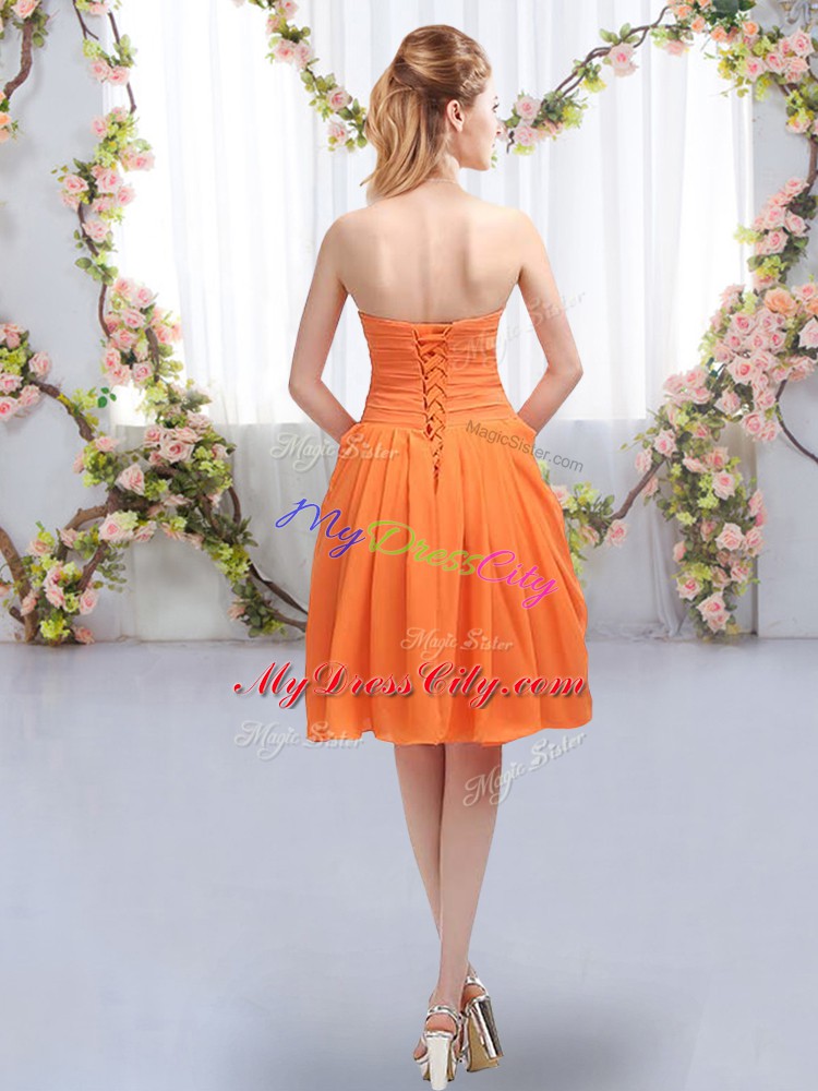 Beautiful Orange Chiffon Lace Up Wedding Guest Dresses Sleeveless Knee Length Ruffles and Ruching