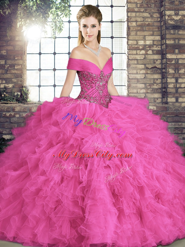 Hot Pink Lace Up Sweet 16 Dresses Beading and Ruffles Sleeveless Floor Length