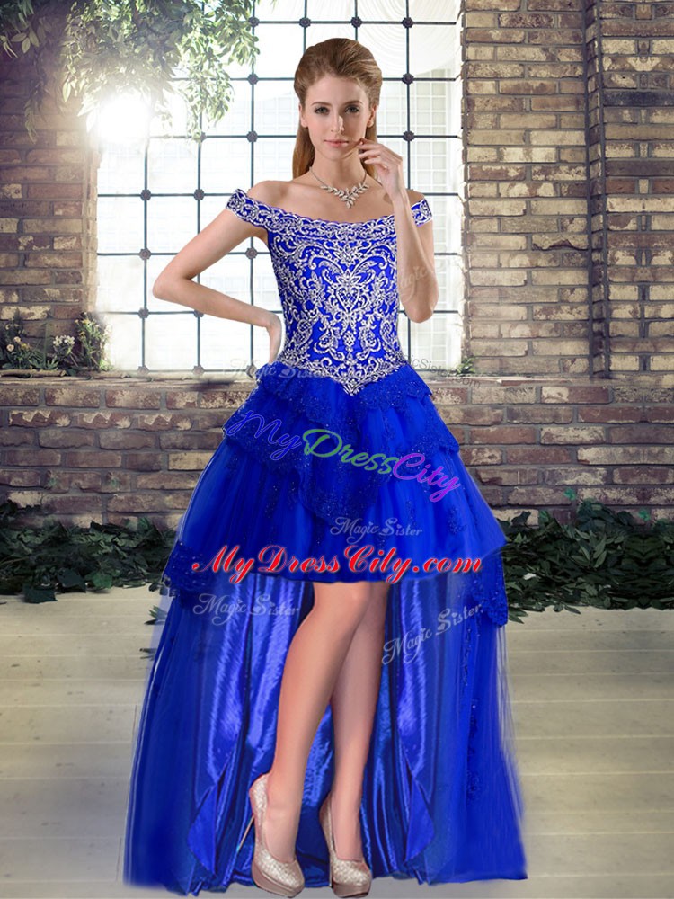 Royal Blue Tulle Lace Up Off The Shoulder Sleeveless High Low Beading and Lace