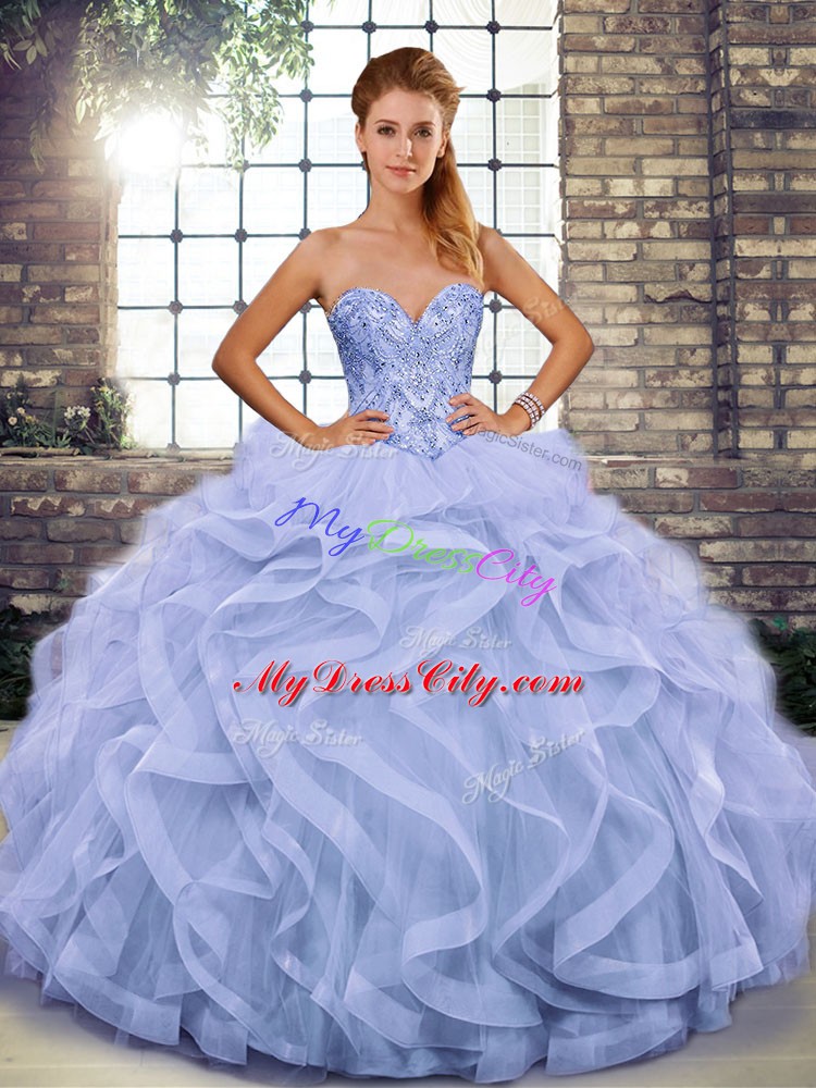 Adorable Lavender Tulle Lace Up Sweet 16 Quinceanera Dress Sleeveless Floor Length Beading and Ruffles