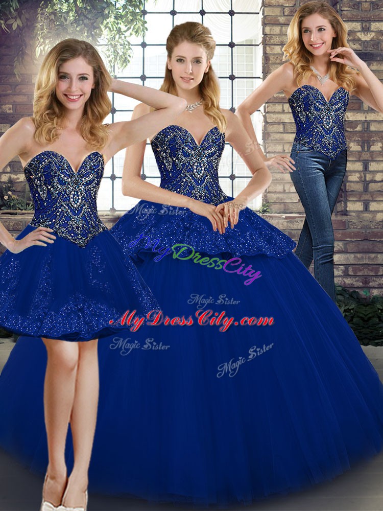 Fitting Royal Blue Sweetheart Neckline Beading and Appliques Vestidos de Quinceanera Sleeveless Lace Up