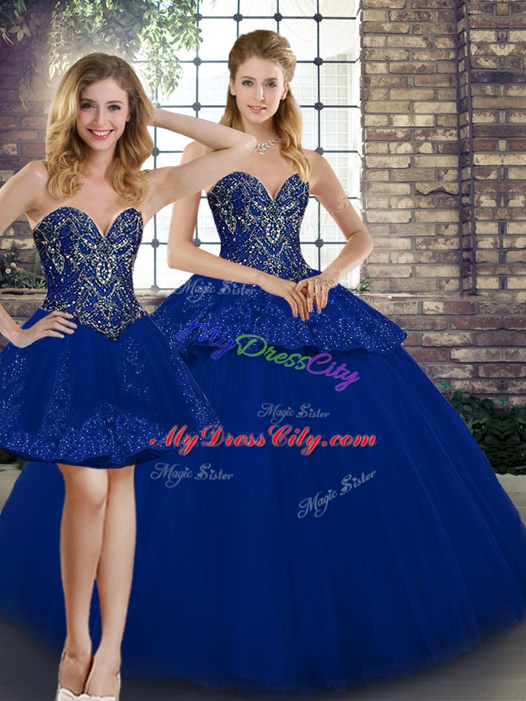 Fitting Royal Blue Sweetheart Neckline Beading and Appliques Vestidos de Quinceanera Sleeveless Lace Up