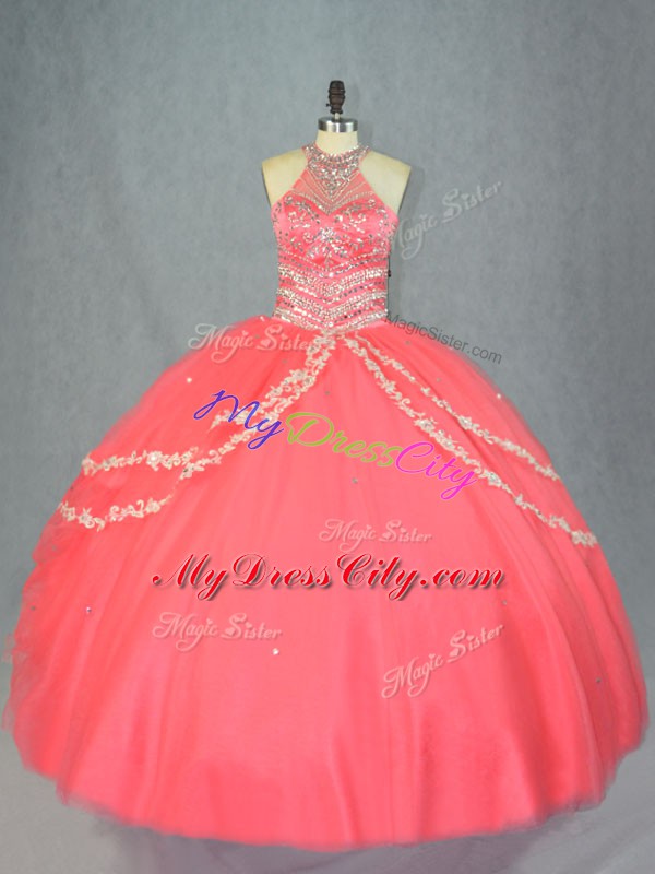 Hot Selling Watermelon Red Quinceanera Gown Sweet 16 and Quinceanera with Beading and Ruffles Halter Top Sleeveless Lace Up