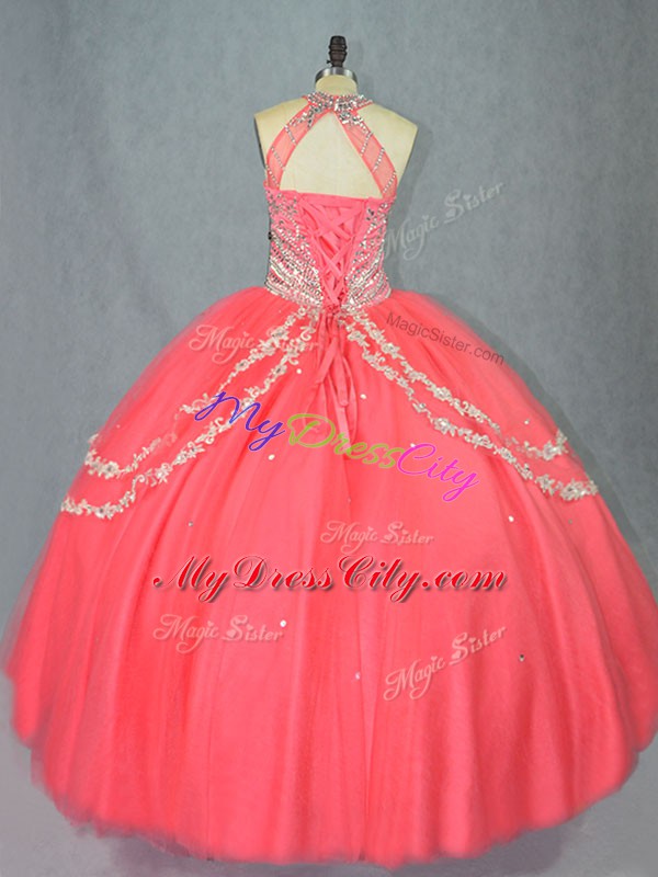 Hot Selling Watermelon Red Quinceanera Gown Sweet 16 and Quinceanera with Beading and Ruffles Halter Top Sleeveless Lace Up