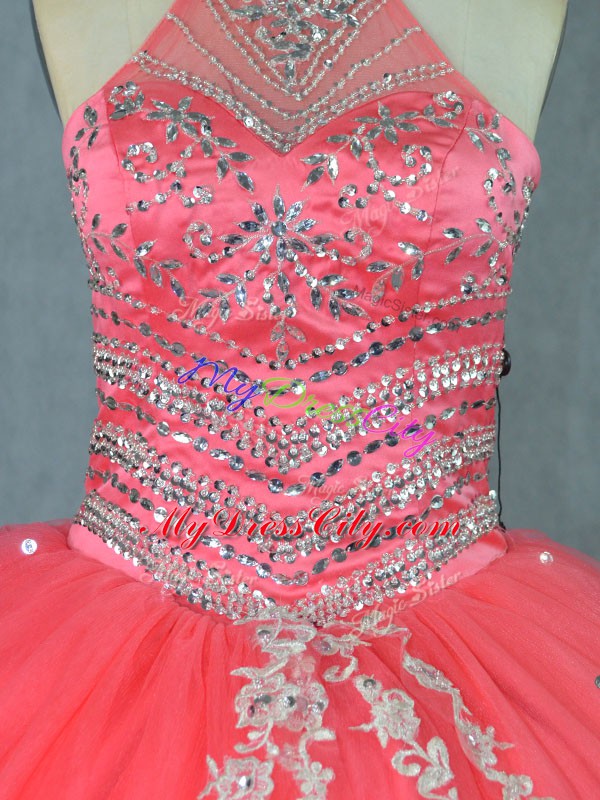 Hot Selling Watermelon Red Quinceanera Gown Sweet 16 and Quinceanera with Beading and Ruffles Halter Top Sleeveless Lace Up