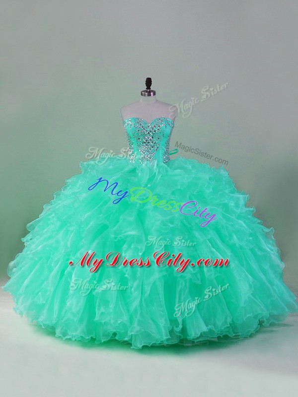 Captivating Turquoise Sleeveless Beading and Ruffles Floor Length Quinceanera Gown