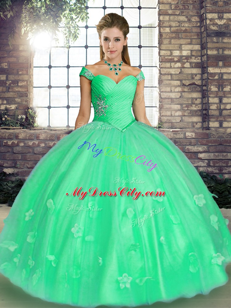 Turquoise and Apple Green Sleeveless Beading and Appliques Floor Length 15th Birthday Dress