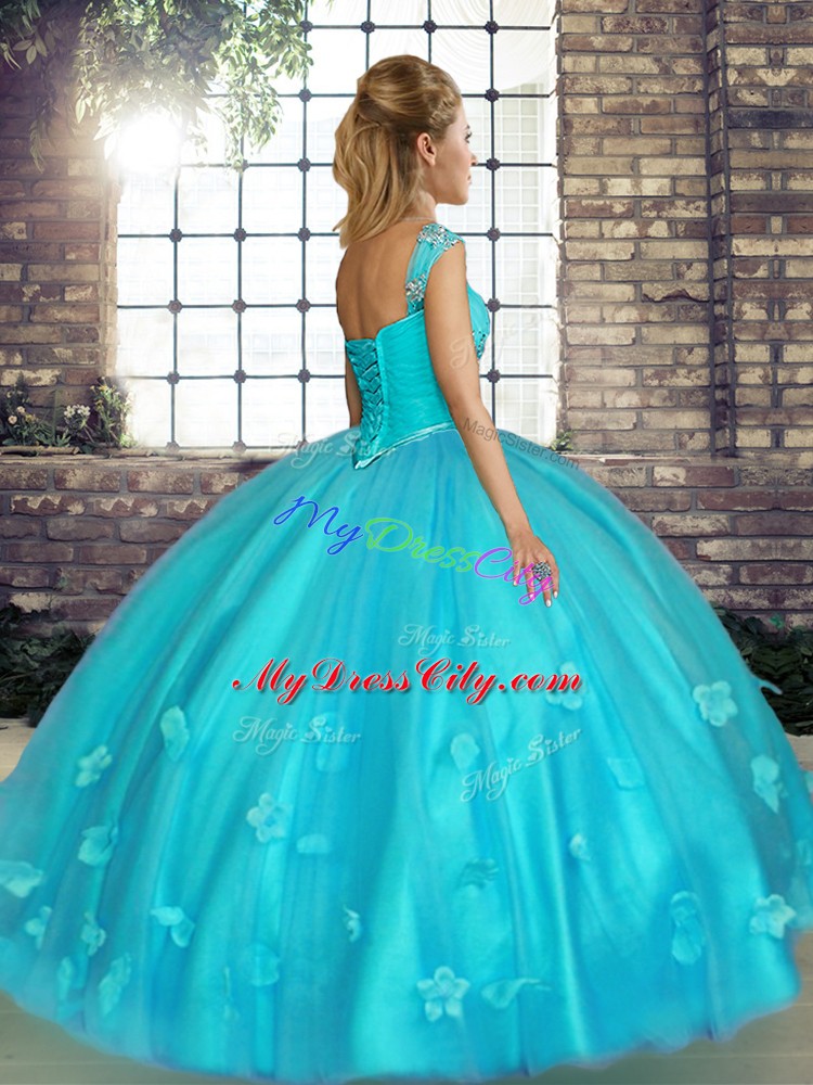 Turquoise and Apple Green Sleeveless Beading and Appliques Floor Length 15th Birthday Dress