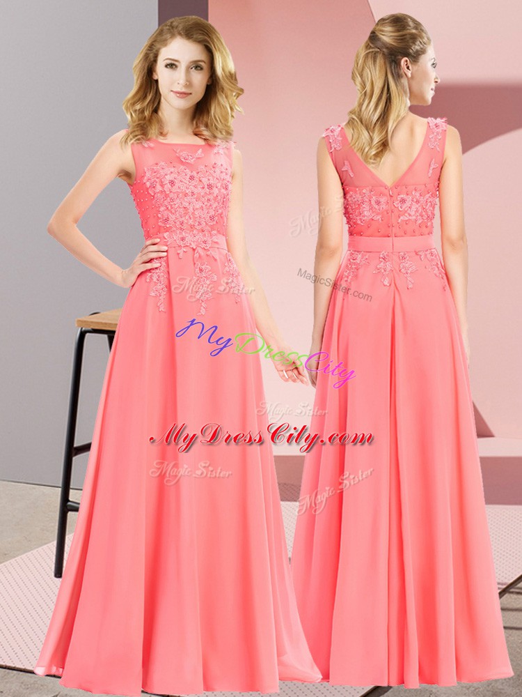 Chiffon Scoop Sleeveless Zipper Beading and Appliques Bridesmaids Dress in Watermelon Red